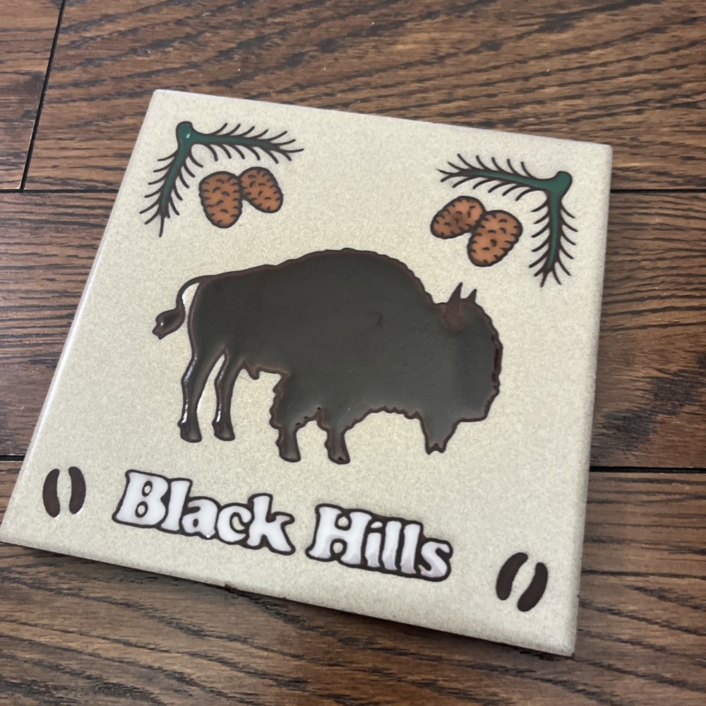 Mighty Buffalo Bison Masterworks Trivet Black Hill Ceramic Art Tile 6" Pinecones - Picture 2 of 4